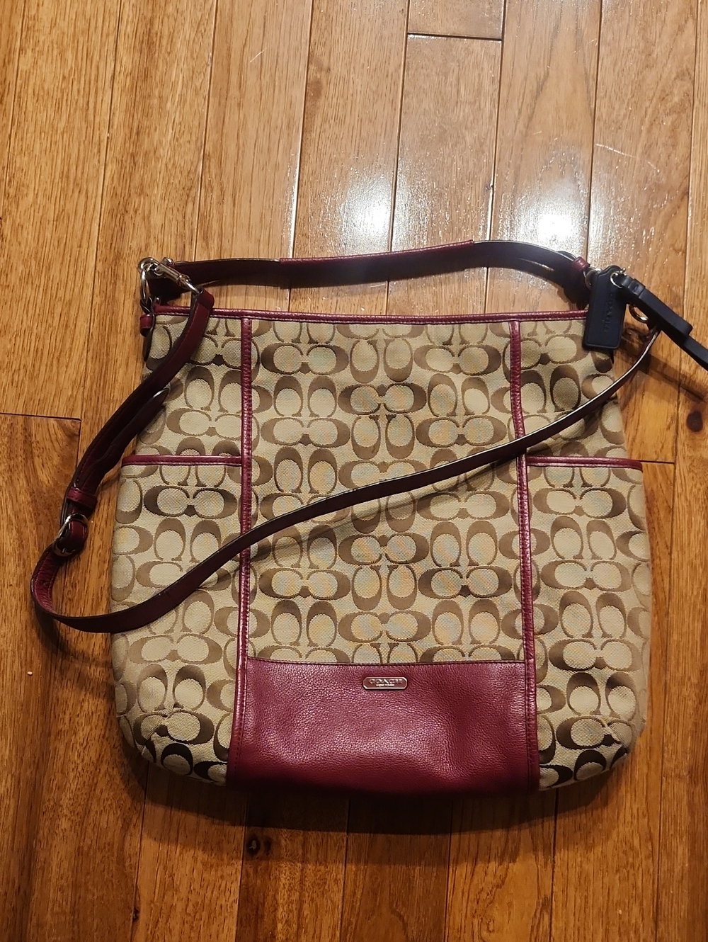 Coach Signature Canvas and Burgundy Leather Crossbody Bag